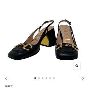 Gucci Black Slingback Heels with Gold Detailing